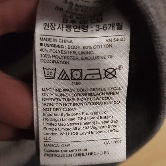 Baby Gap Infant Grey Fleece Lined Full Zip Hooded Sweatshirt 3-6 Months - Picture 5 of 5